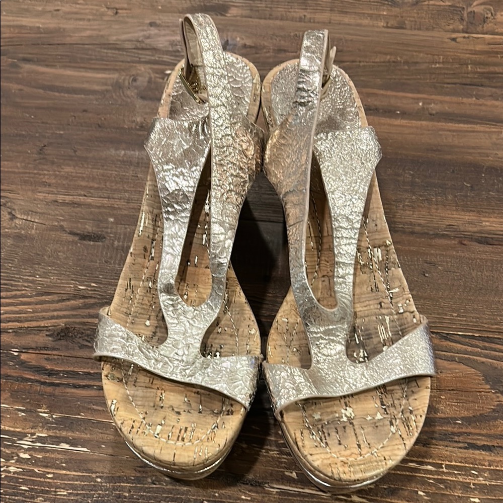 Donald Pliner Gold Sandals with Cork Wedge Heel and Crisscross Straps